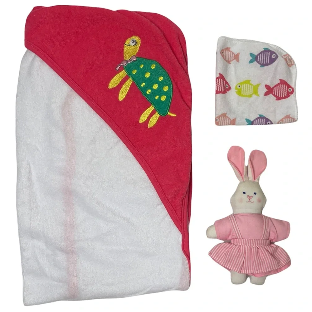 Girl One Piece Flower Outfit Set 4 Pc Bundle Bunny Toy Hooded Towel Washcloth